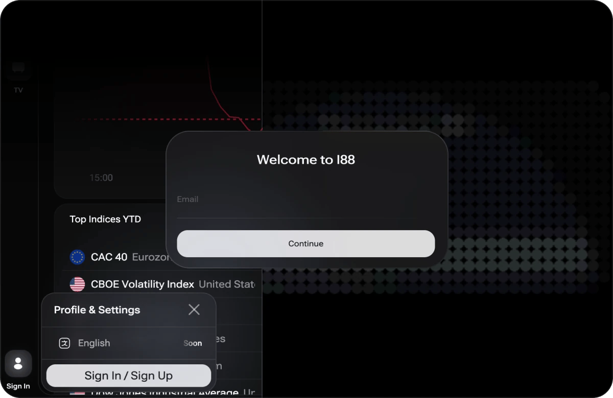 The i88 sign-in flow: the Sign In control in the bottom-left of the toolbar, the Profile & Settings panel with Sign In / Sign Up, and the Welcome to i88 dialog asking only for an email address
