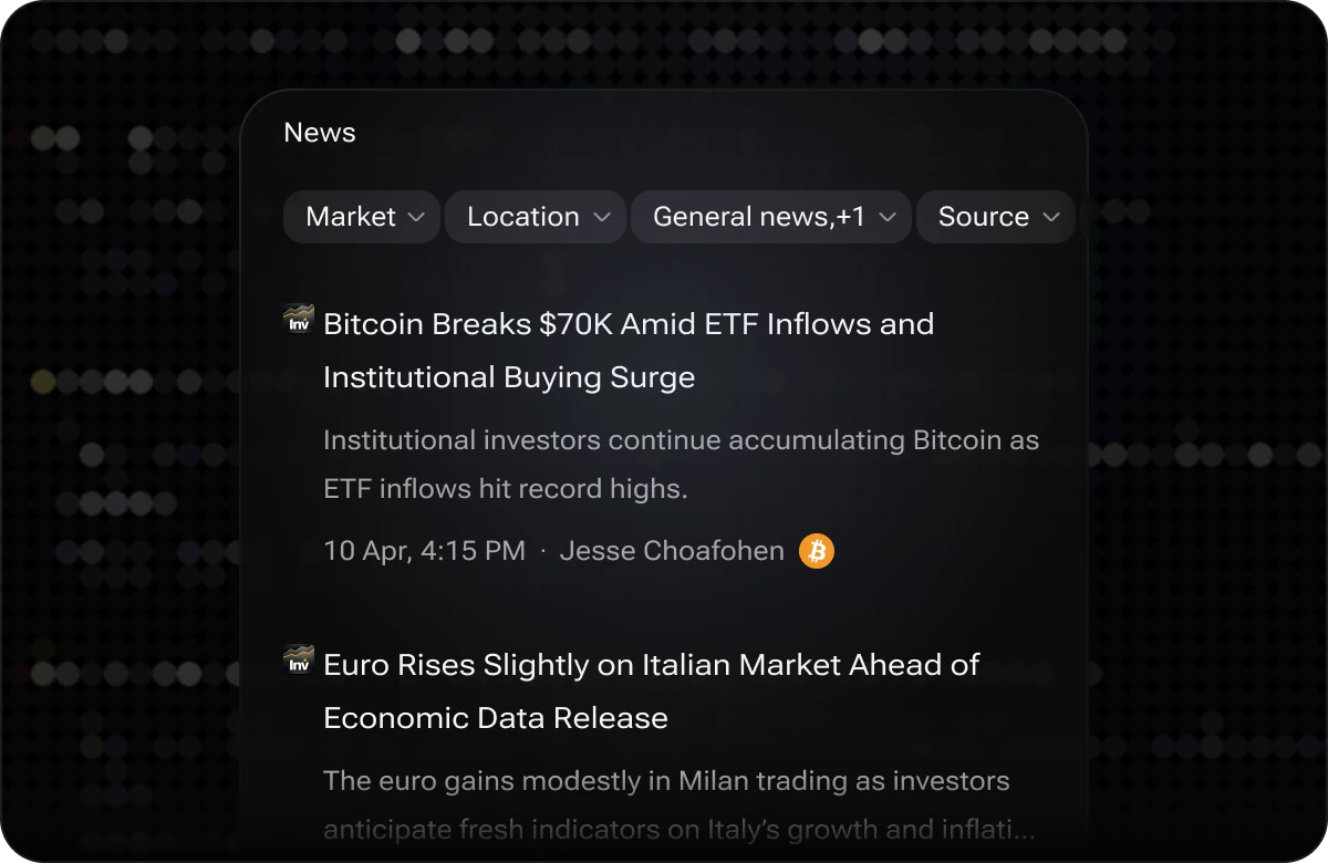 The i88 News widget with market, location, category and source filters above a feed of headlines with summaries and timestamps