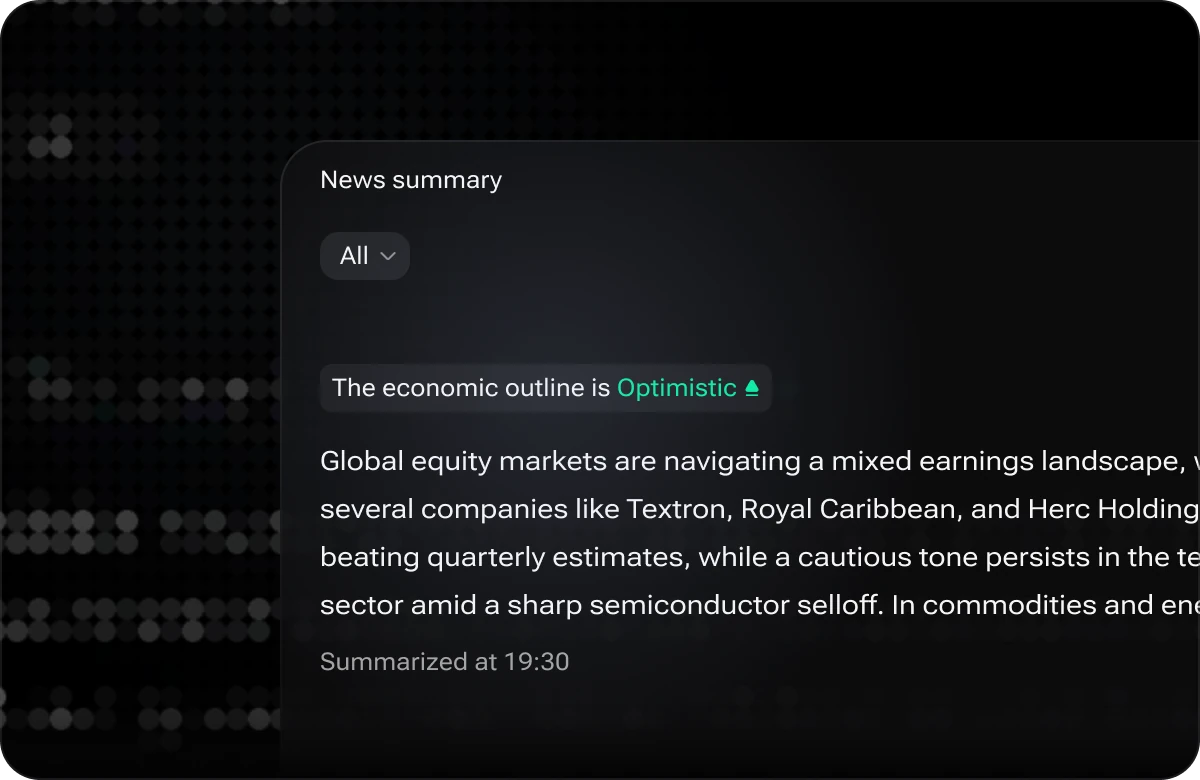 The i88 News summary widget labelling the economic outline as Optimistic above a short digest and the time it was generated