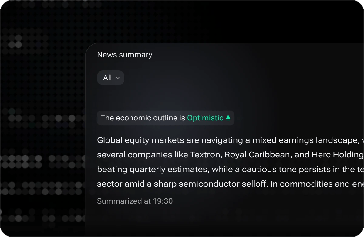 The i88 News summary widget labelling the economic outline as Optimistic above a short digest and the time it was generated