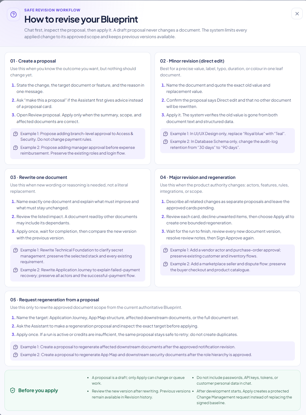 How to revise your Blueprint guide with proposal, direct edit, rewrite, major revision, and regeneration workflows