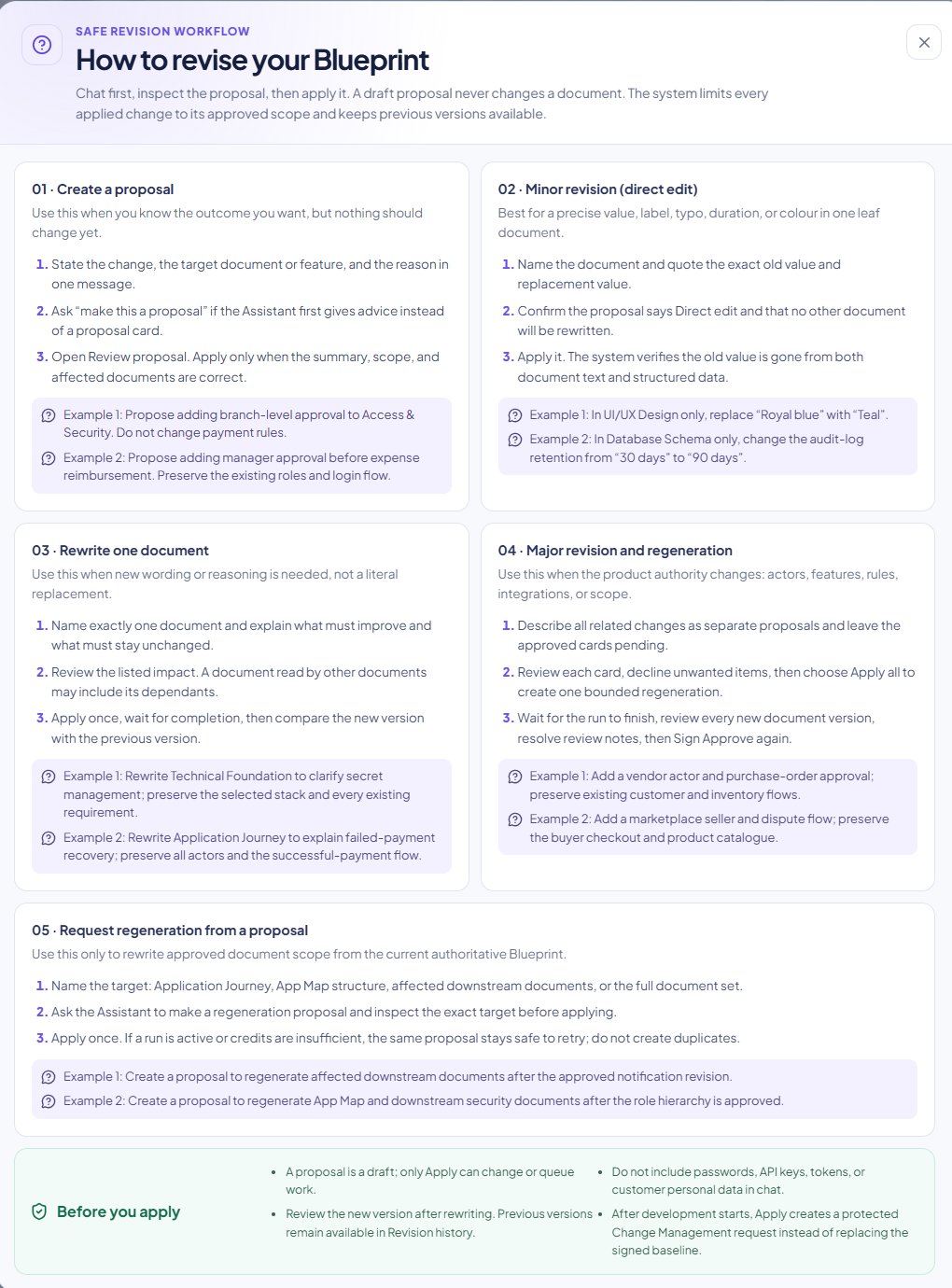 How to revise your Blueprint guide with proposal, direct edit, rewrite, major revision, and regeneration workflows