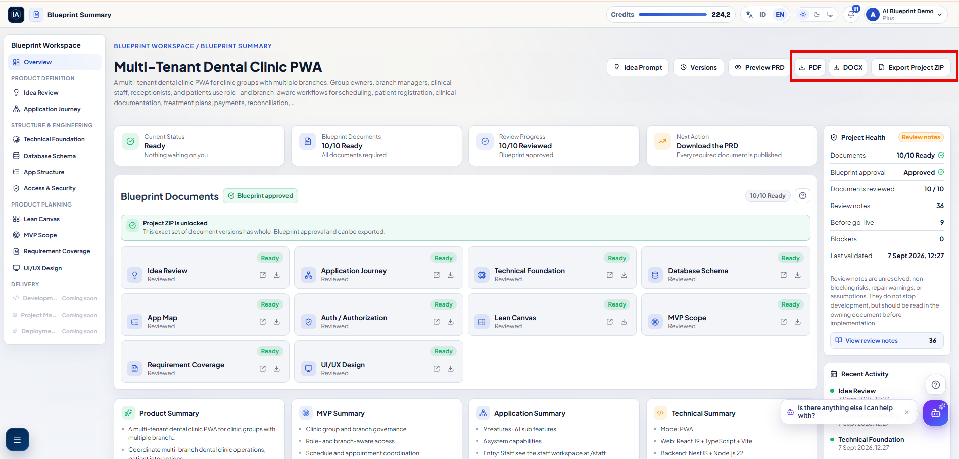 Blueprint Summary showing the Export Project ZIP button