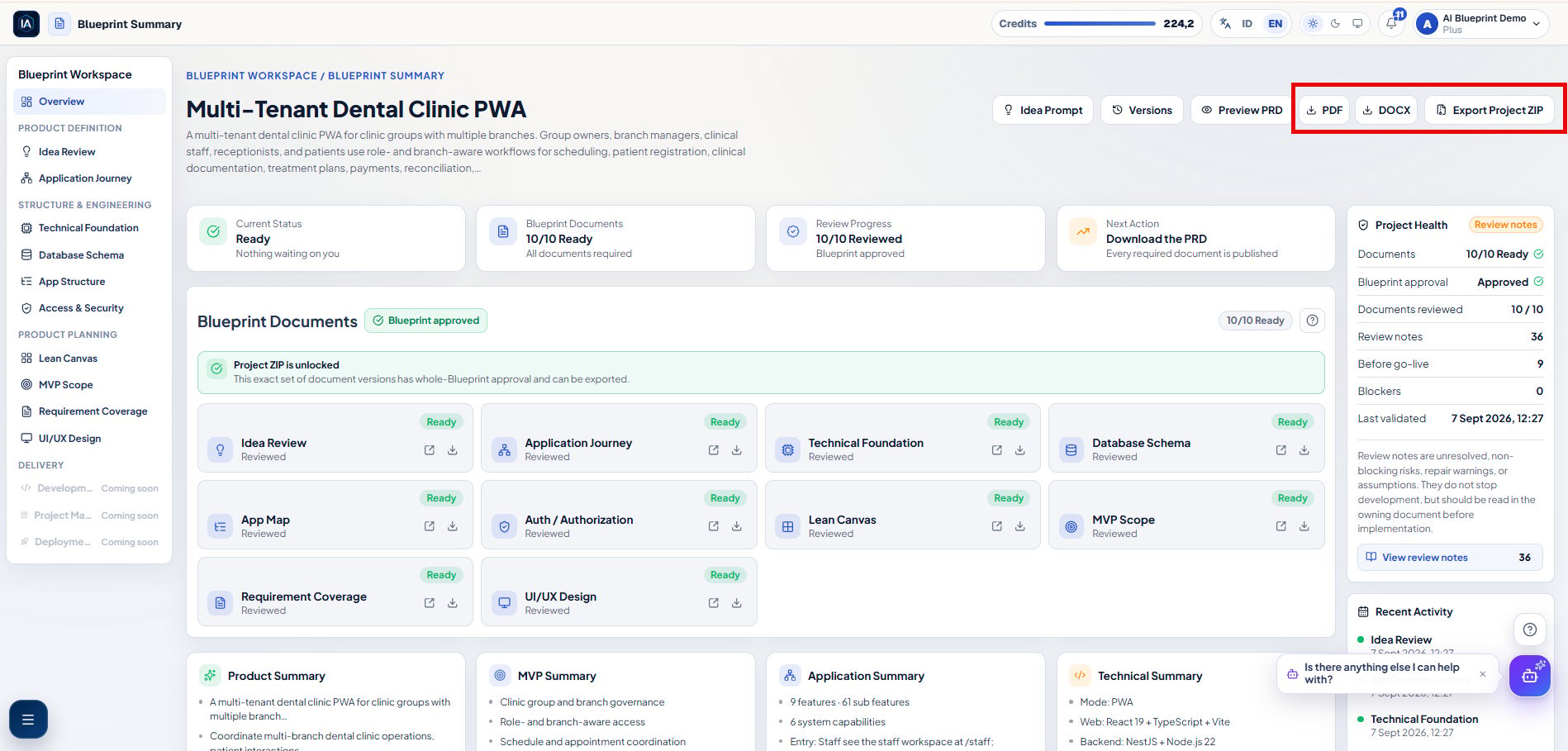 Blueprint Summary dengan tindakan PDF, DOCX, dan Export Project ZIP