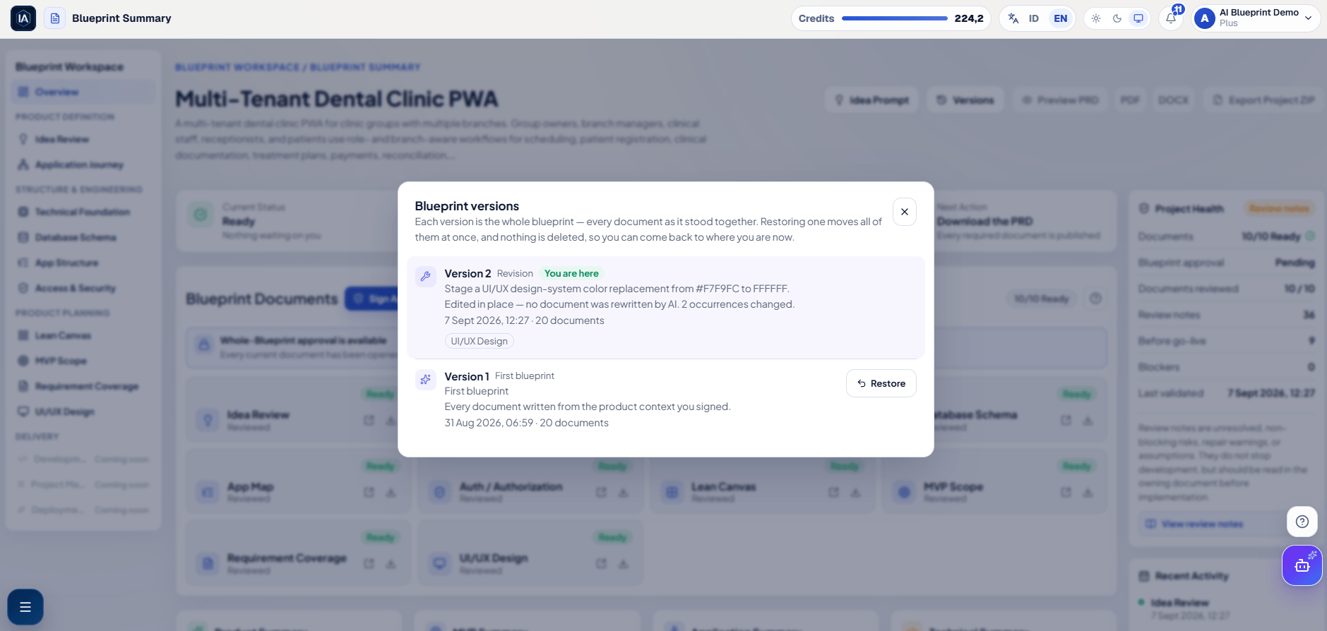 Blueprint versions dialog with the current version and Restore action for an earlier version