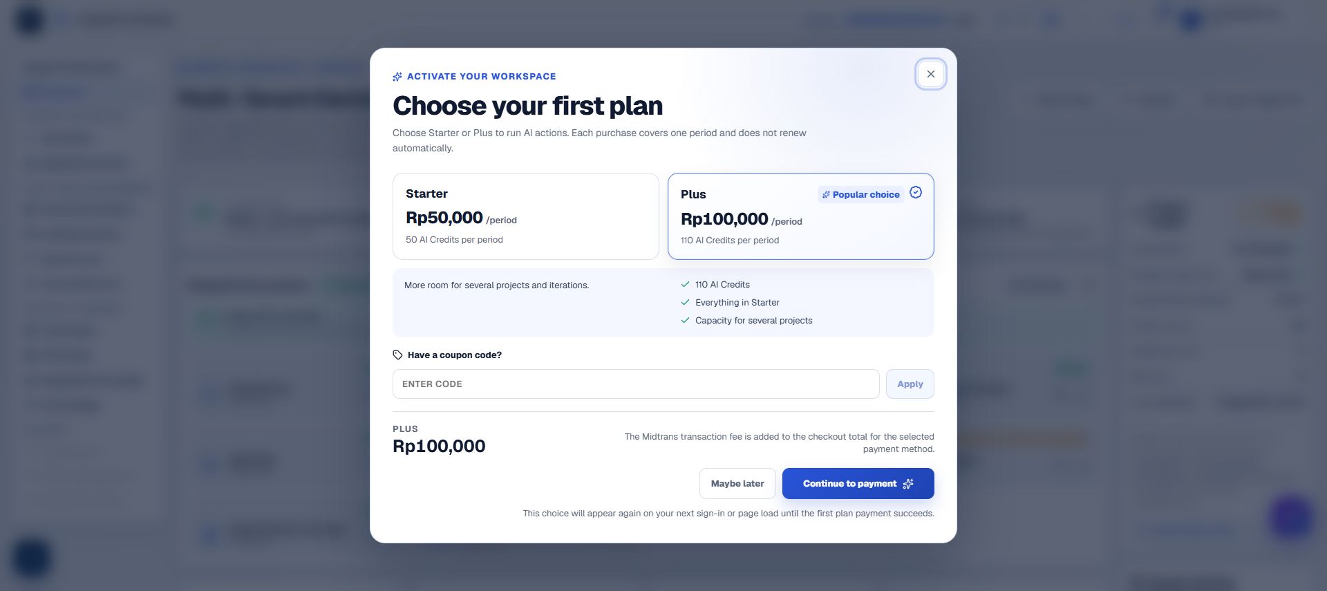 Sanitized first-plan popup showing Starter and Plus choices after sign-in