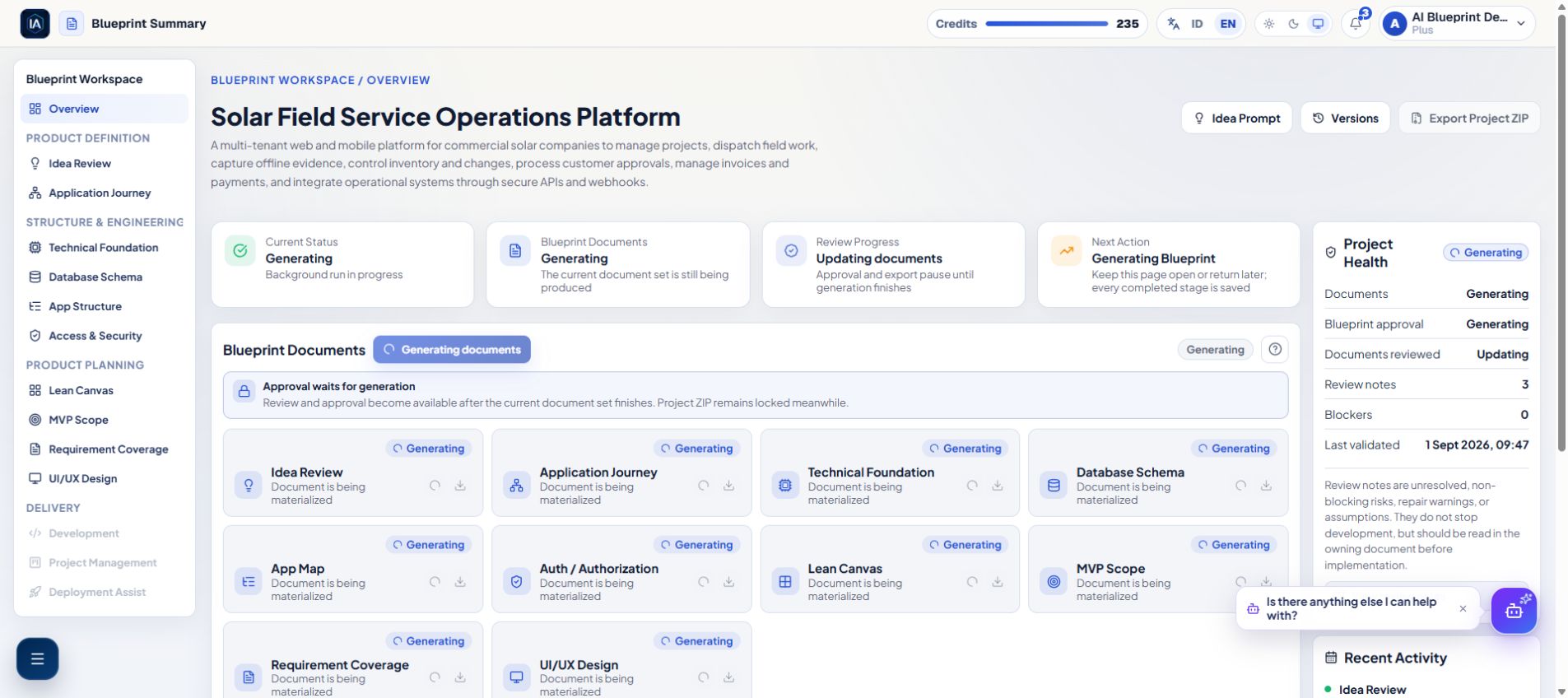 Sanitized Blueprint Summary during generation with document spinners and Project Health showing Generating