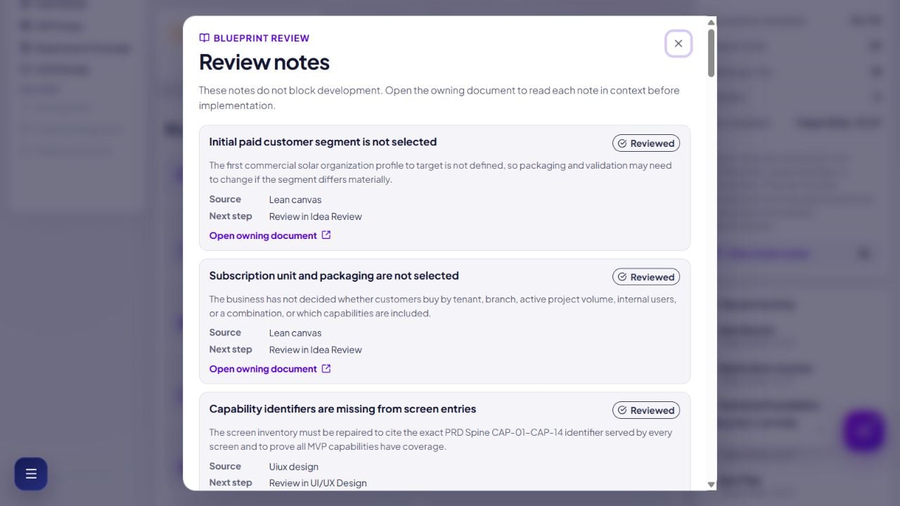 Sanitized Blueprint Summary showing Reviewed document cards and an open View review notes dialog