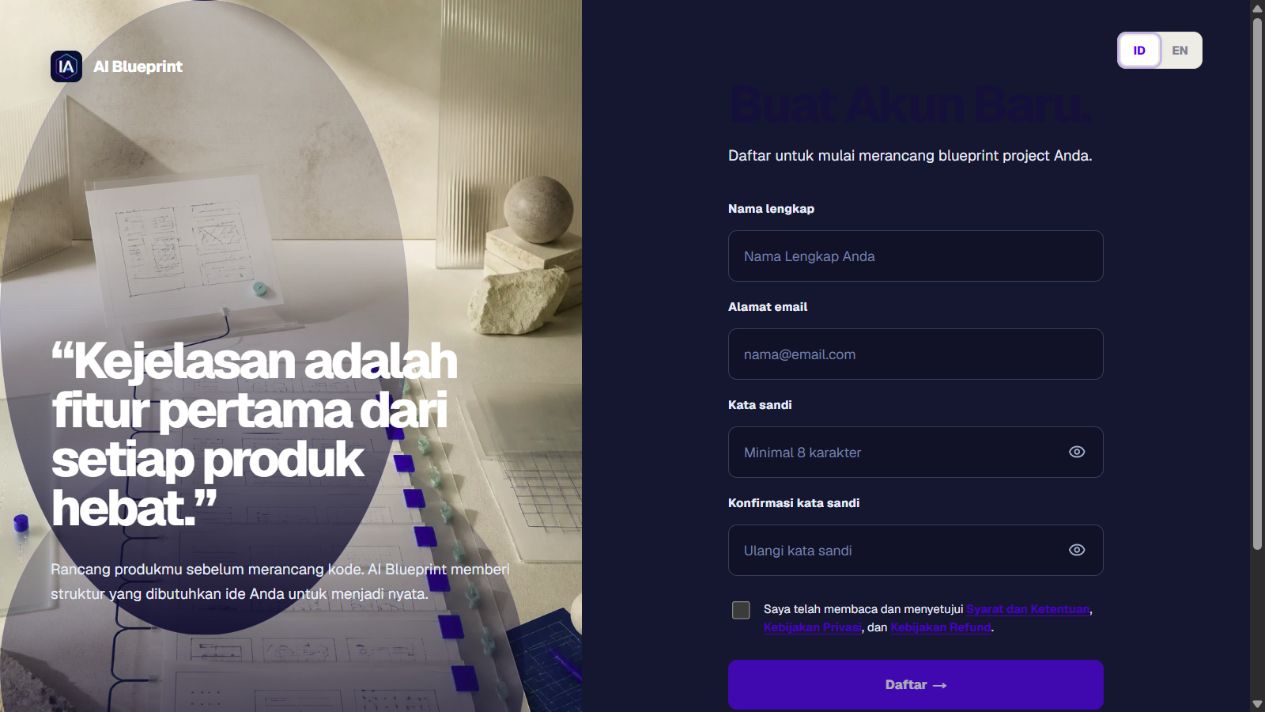 Halaman pendaftaran tersanitasi dalam bahasa Indonesia yang menampilkan form pendaftaran email dan pilihan login Google