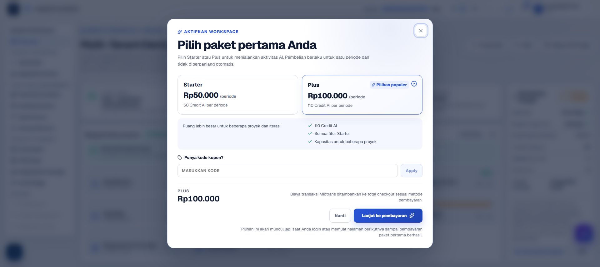 Popup paket pertama tersanitasi yang menampilkan pilihan Starter dan Plus setelah login