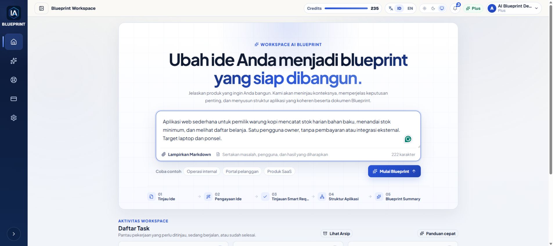 Form ide Dashboard tersanitasi dengan satu bahasa utama yang jelas dan tanpa pemilih bahasa output