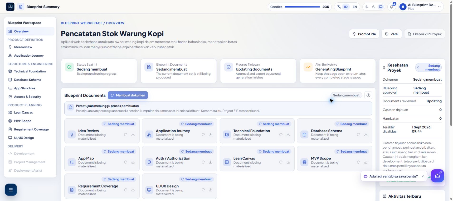 Blueprint Summary tersanitasi saat generasi dengan spinner dokumen dan Project Health berstatus Generating
