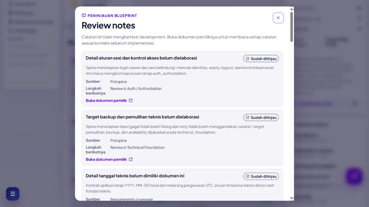 Blueprint Summary tersanitasi dengan kartu dokumen Ditinjau dan dialog Lihat review notes terbuka