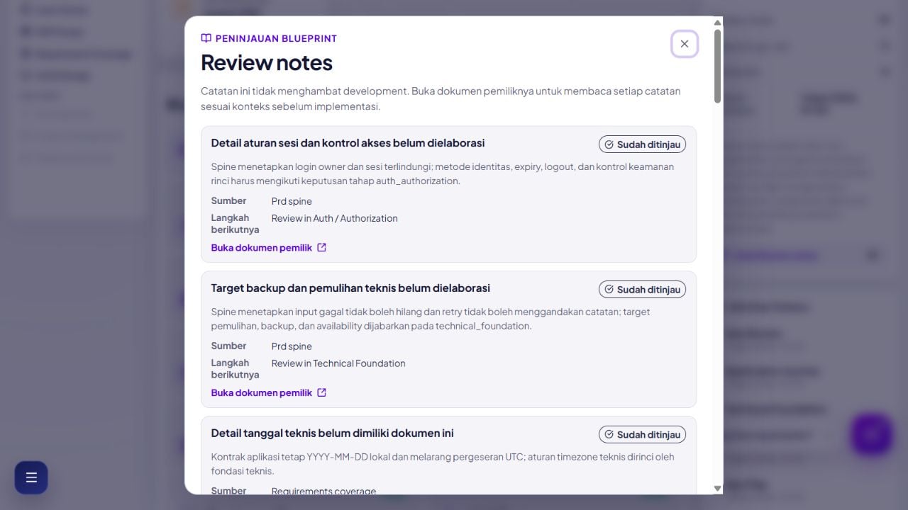 Blueprint Summary tersanitasi dengan kartu dokumen Ditinjau dan dialog Lihat review notes terbuka