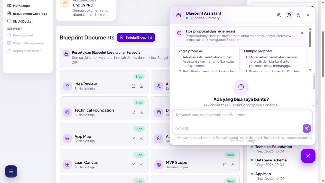Blueprint Assistant berbahasa Indonesia dengan panel Proposal and regeneration tips terbuka untuk panduan satu dan beberapa proposal