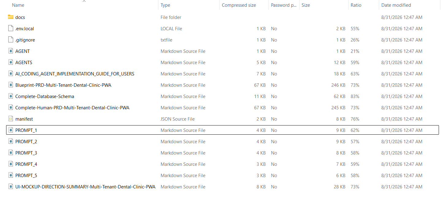 Daftar folder docs, PRD, schema, manifest, file agent, lima prompt, dan ringkasan mockup di dalam contoh Project ZIP