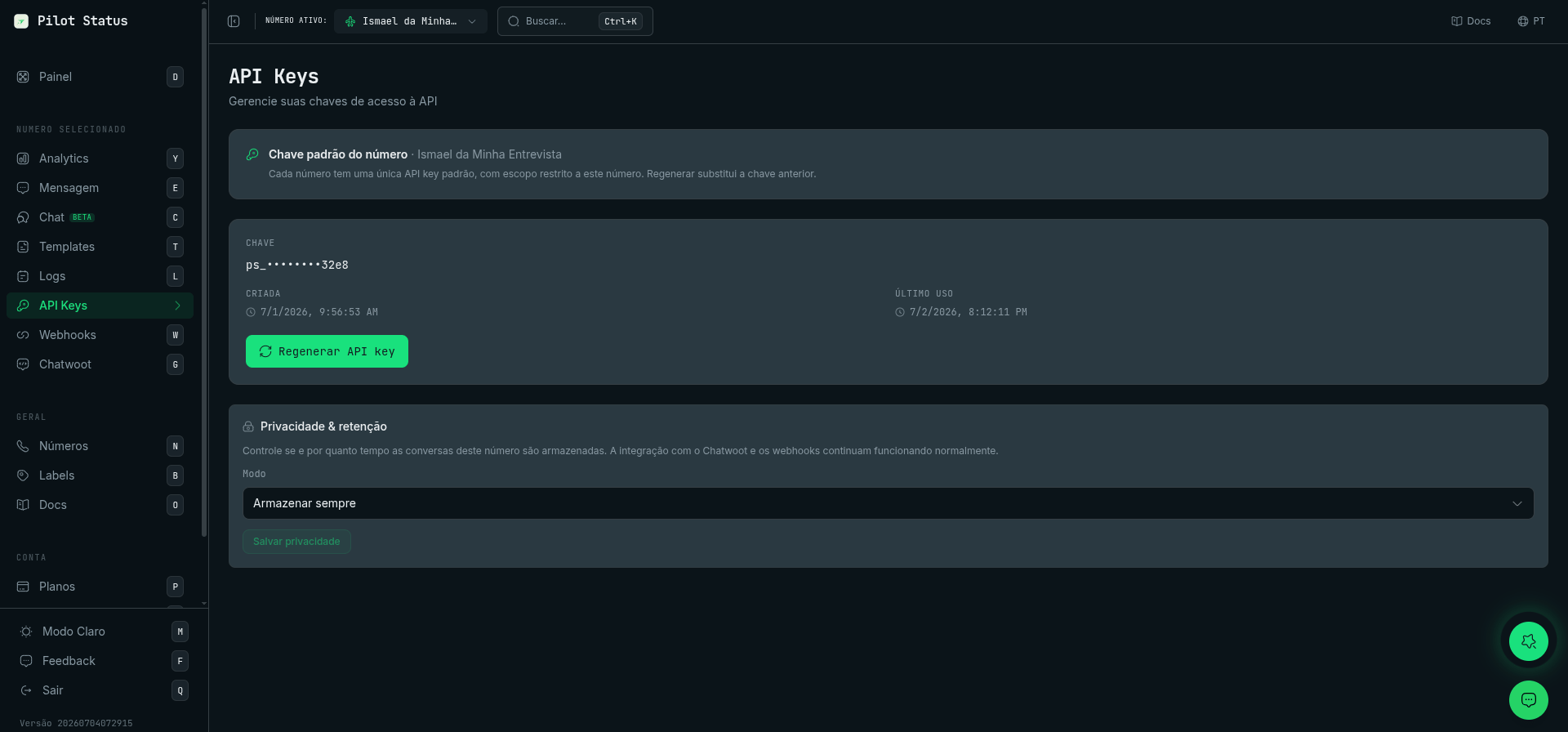 Página de API Keys do Pilot Status