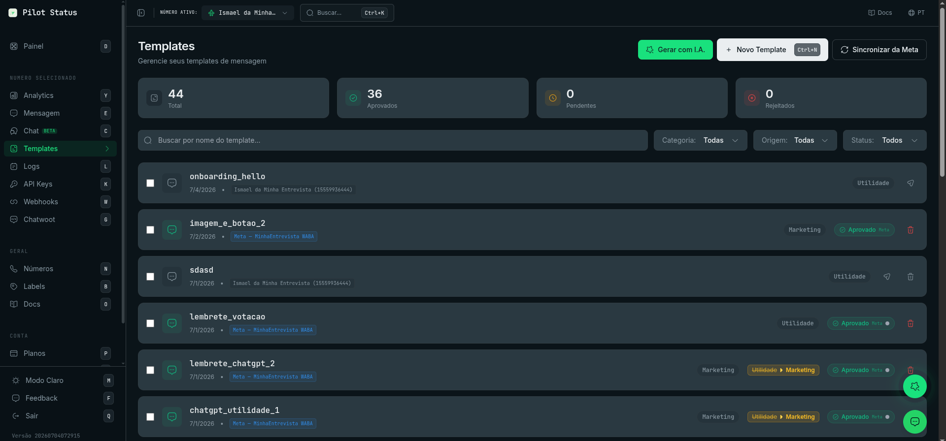 Pilot Status Templates page