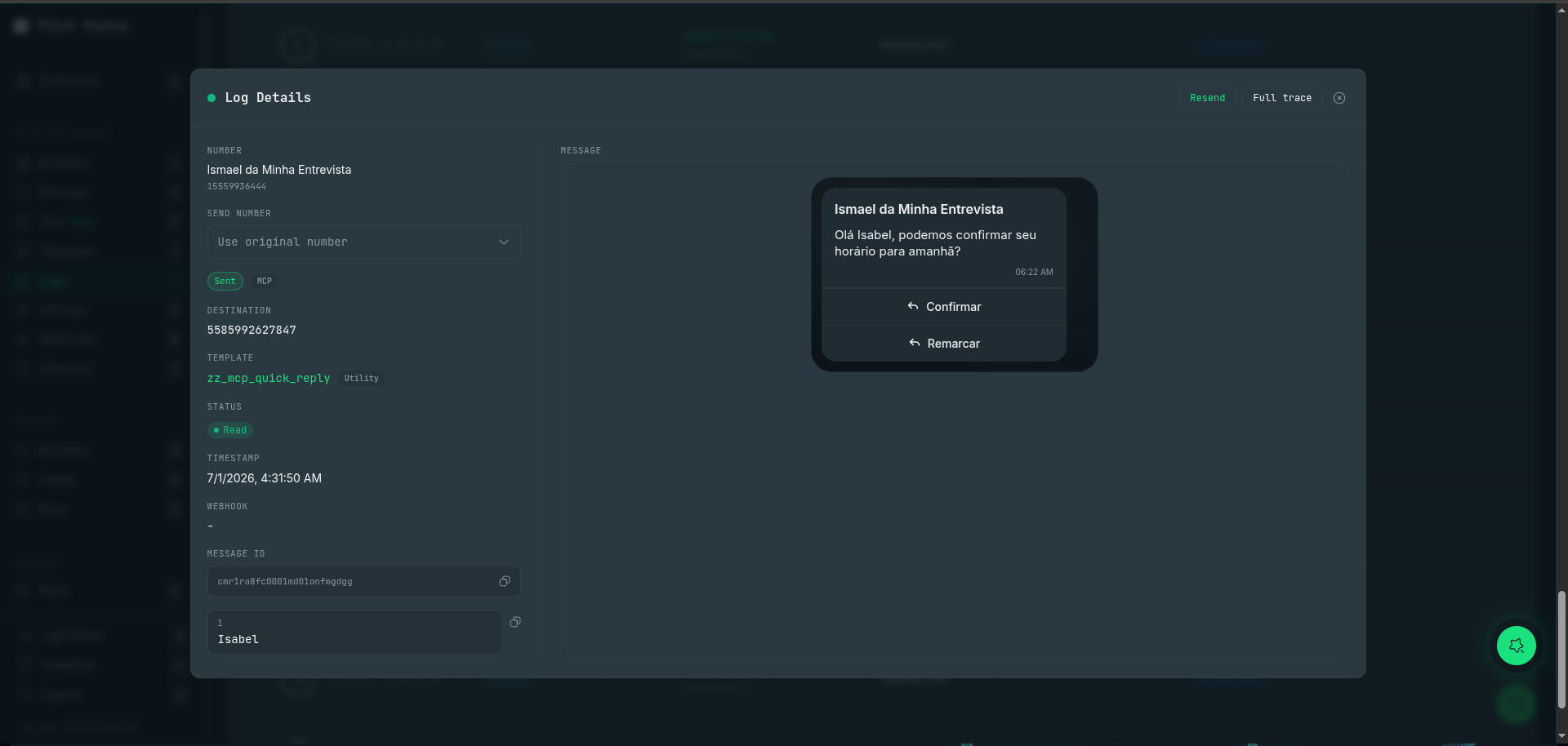 Modal de Detalhes do Log