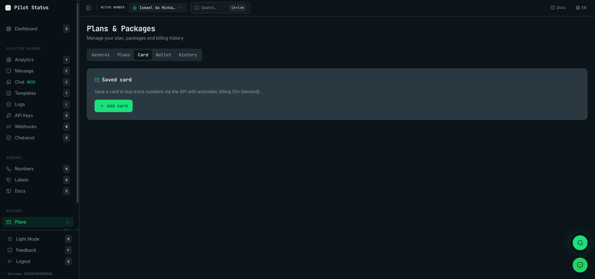 Saved card tab in the Plans page
