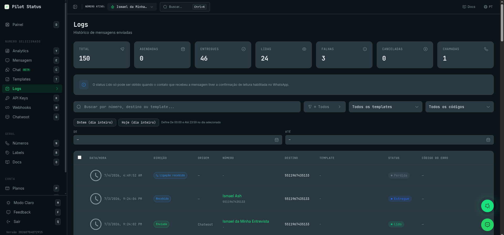 Página de Logs do Pilot Status