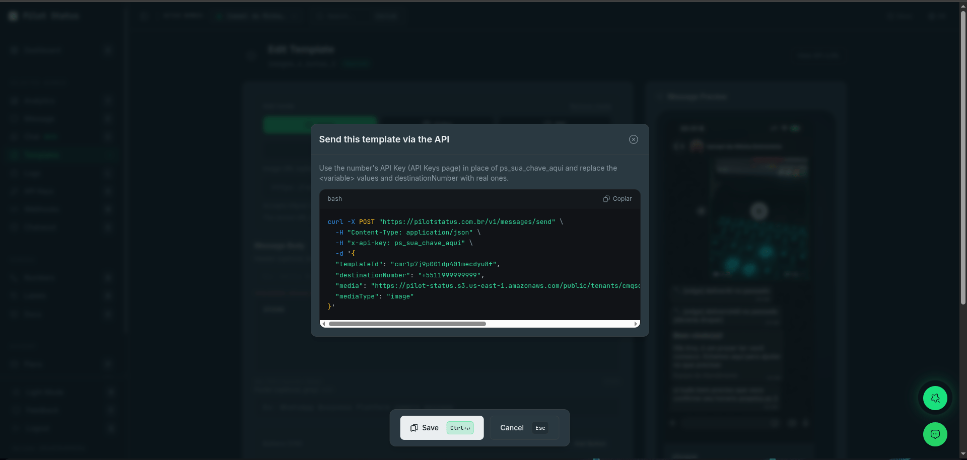 Modal de envio de template via API com curl pronto