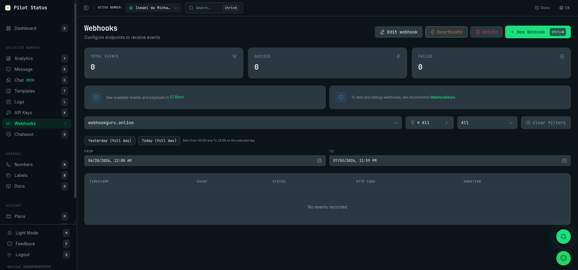 The Webhooks page in the Pilot Status dashboard