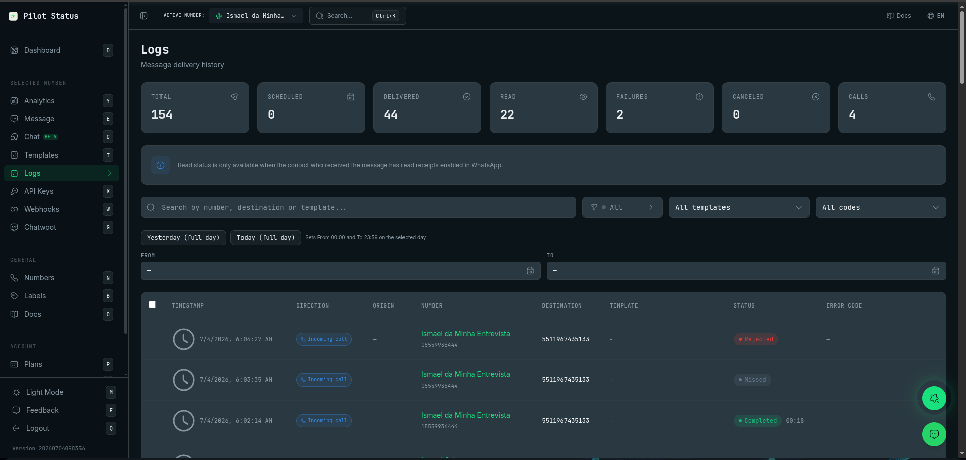 Logs page showing a CALLS stat card and incoming call rows with Completed, Missed, and Rejected statuses