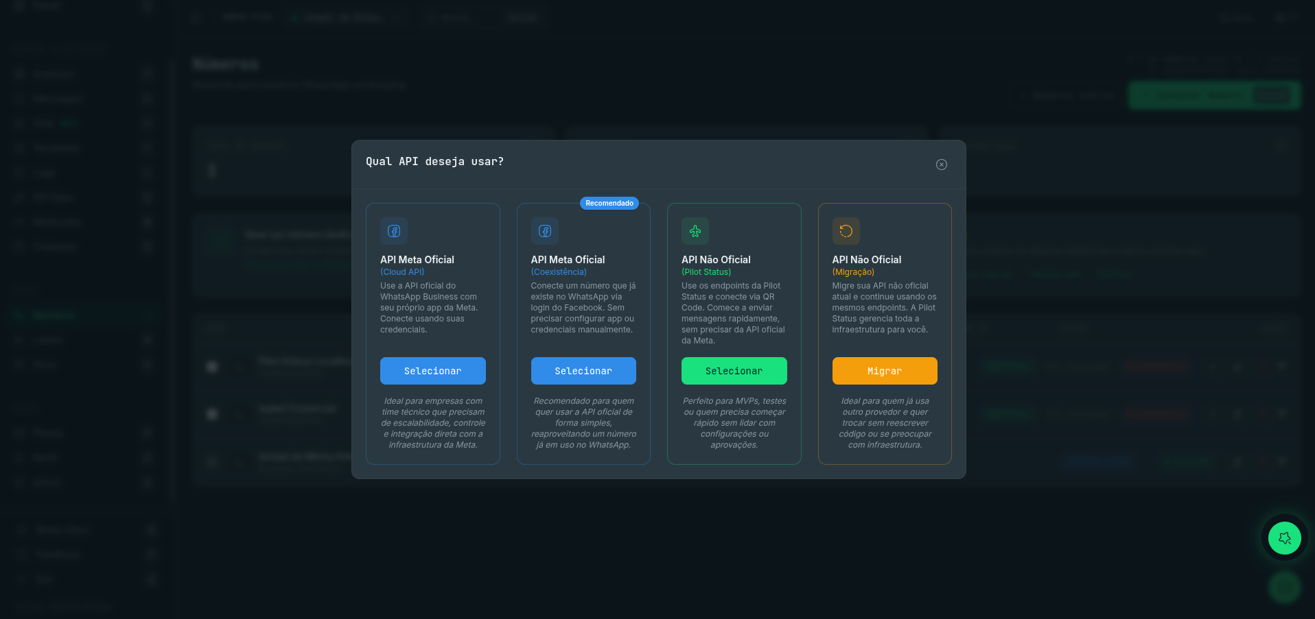 Modal "Qual API você quer usar?" com os quatro cards de tipo de conexão