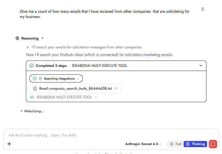 Chat input bar with the Fast and Thinking mode toggle, shown alongside a Thinking mode response working through a reasoning step before completing the task.