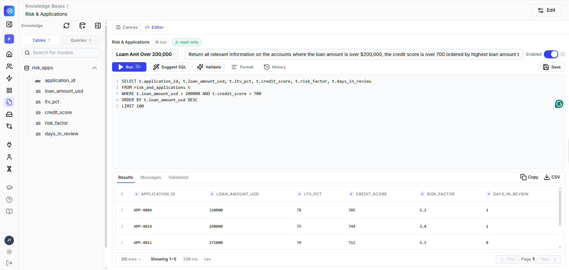 SQL Editor showing a saved query, its natural language description, the generated SQL, and a result set with row count and elapsed time in the footer.