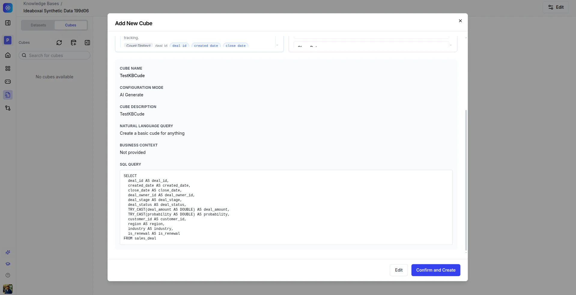 Add New Cube modal with Manual Query selected, showing a SQL Query editor and sections for adding Measures and Dimensions.