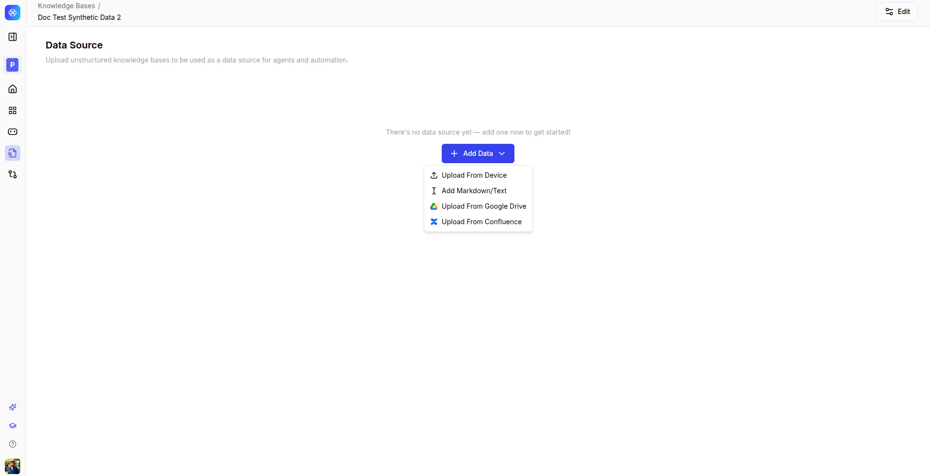 Add Data dropdown showing four options: Upload From Device, Add Markdown/Text, Upload From Google Drive, and Upload From Confluence.