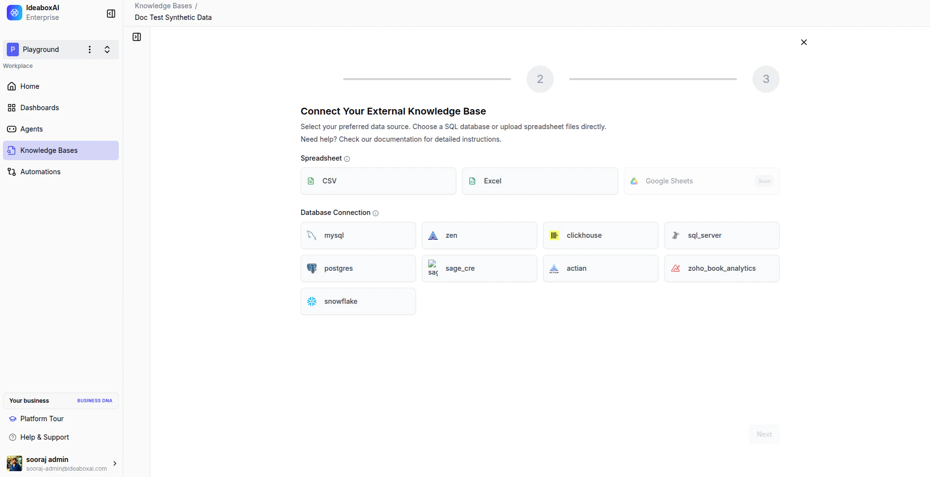 Connect Your External Knowledge Base page showing spreadsheet options (CSV, Excel, Google Sheets) and database connection options (MySQL, Zen, ClickHouse, SQL Server, PostgreSQL, Actian, Zoho Book Analytics, Snowflake).