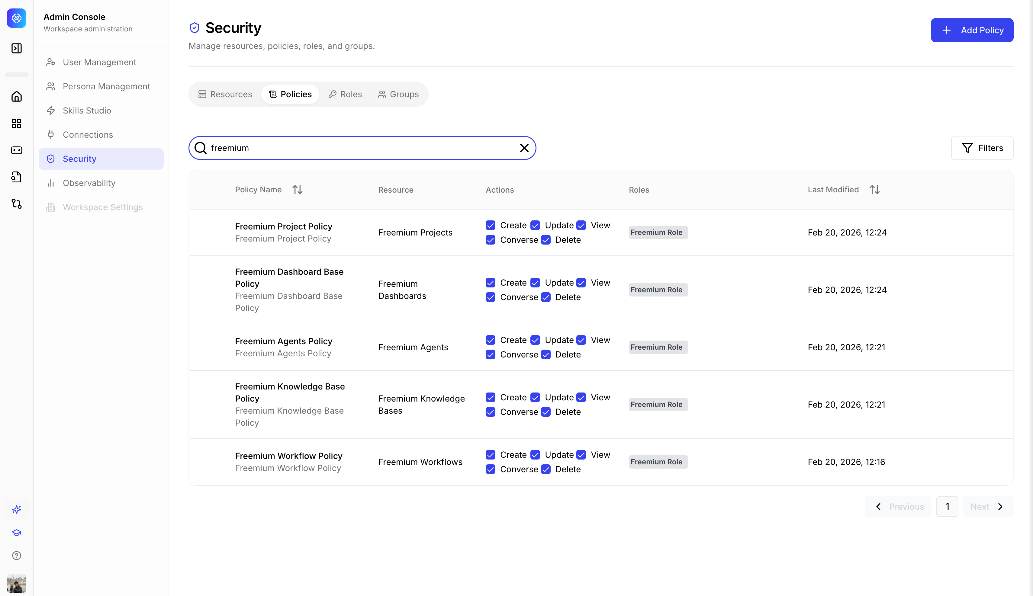 Security Policies tab showing policy list with role assignments and last modified dates.