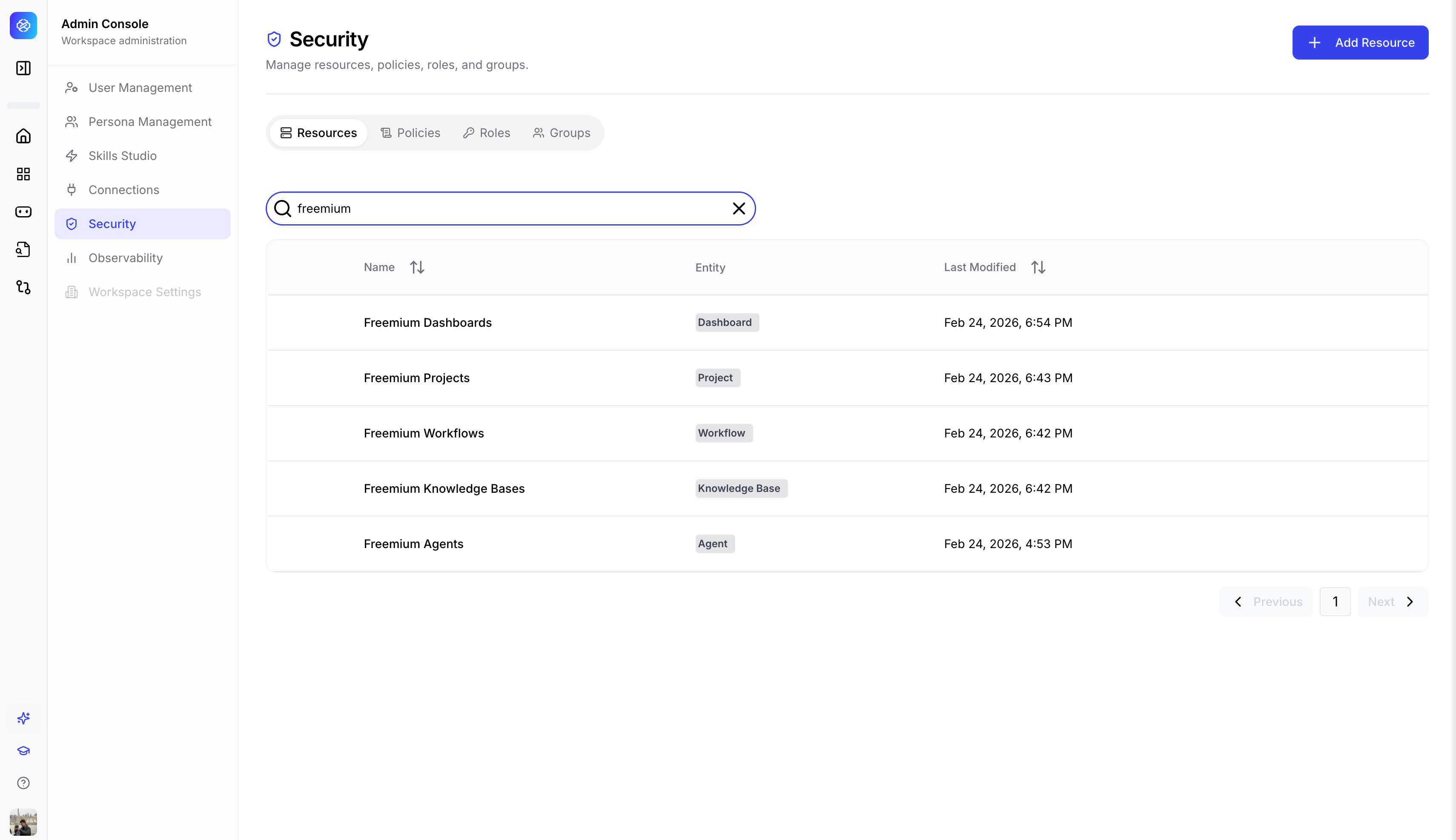 Security Resources tab showing named resource groups with entity badges and last modified dates.