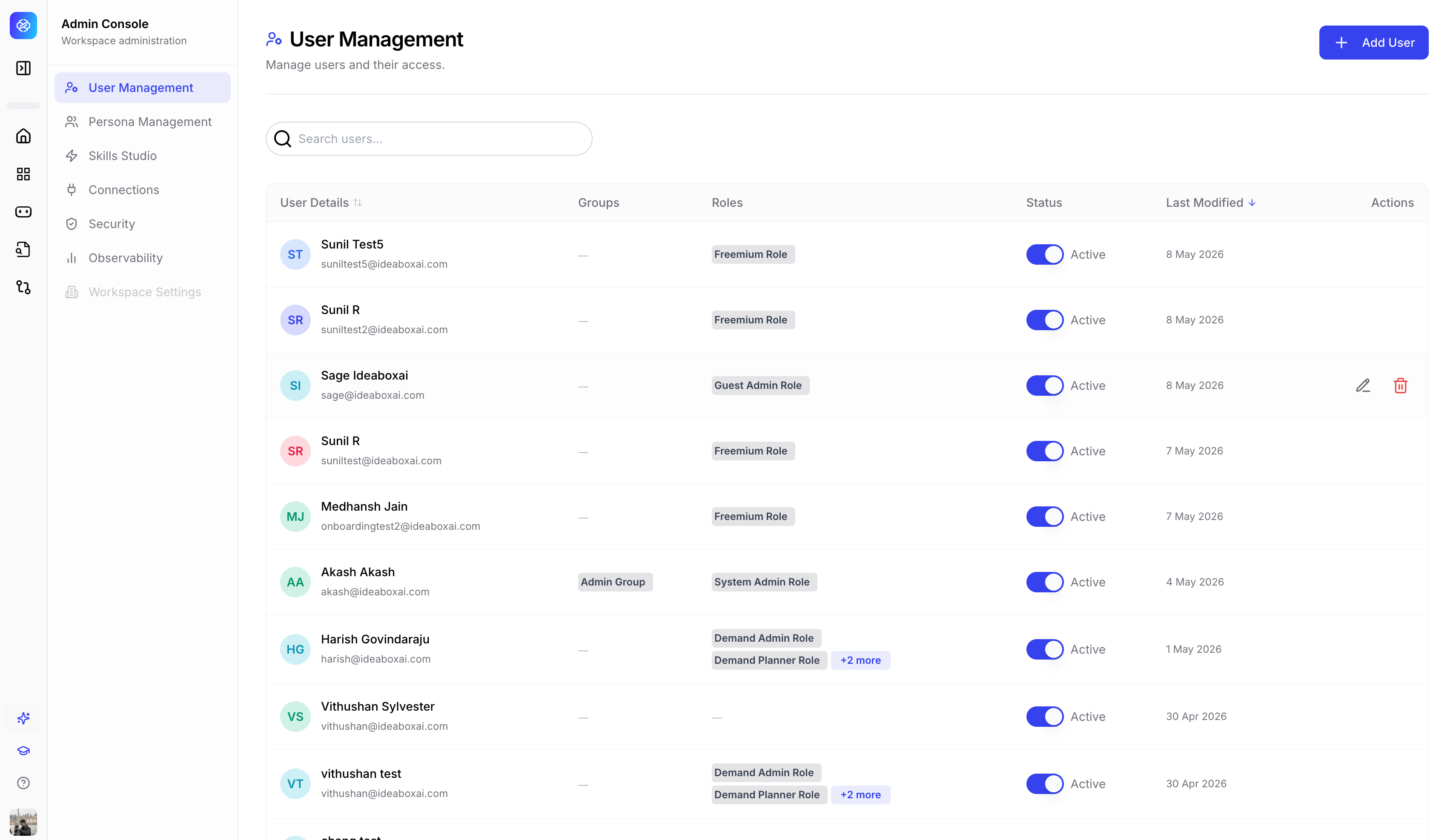 User Management table showing users with their groups, roles, status, and last modified dates.