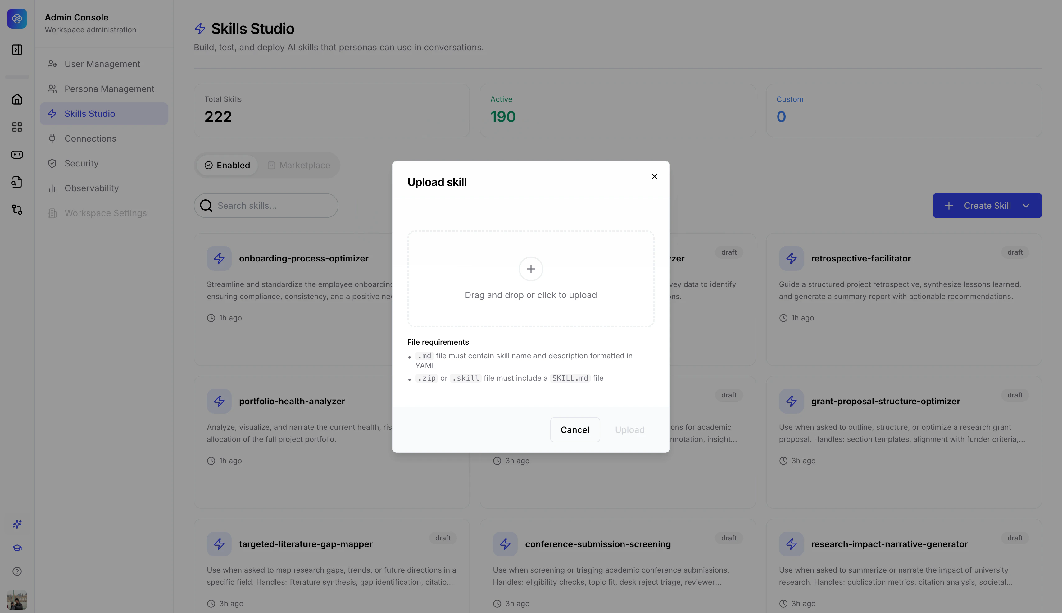 Upload skill modal with drag-and-drop area, file format requirements, and Import button.