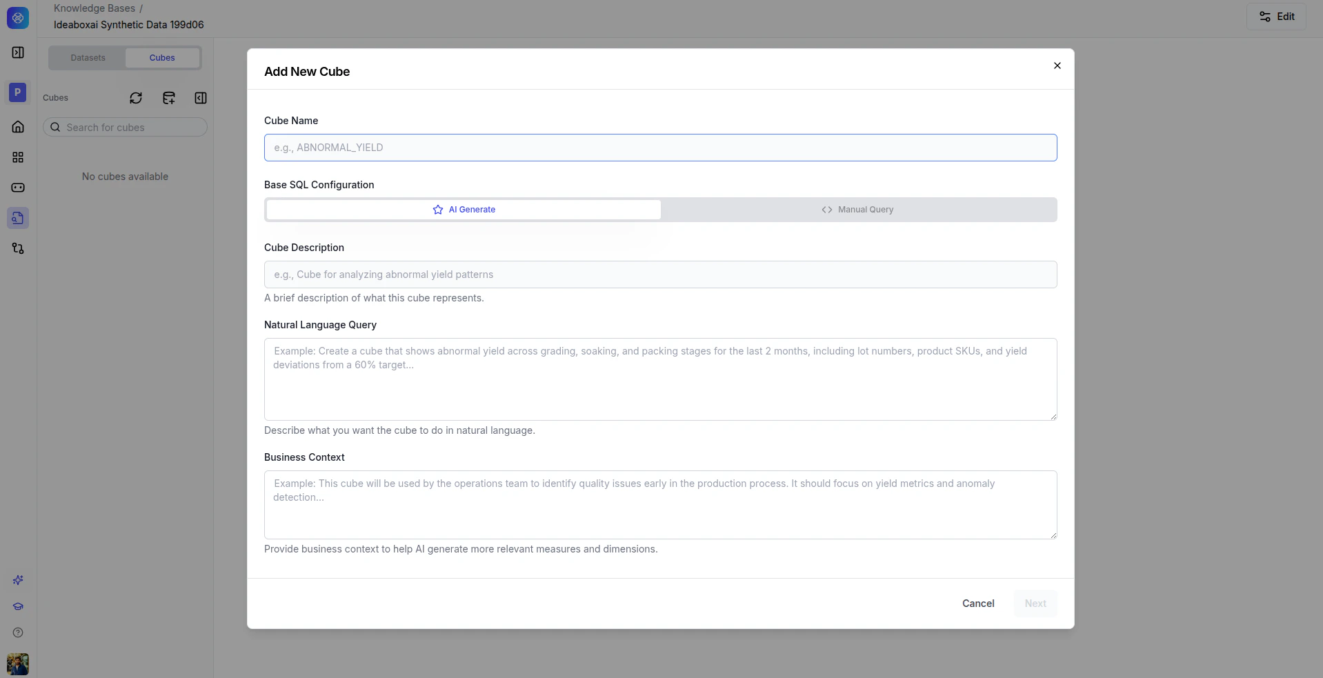 Add Cube modal showing two creation approaches: AI Generate and Manual Query.