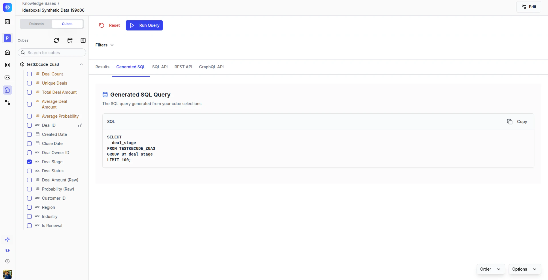 Cube selection panel showing measures and dimensions dropdowns, filter controls, Run Query button, and results table.
