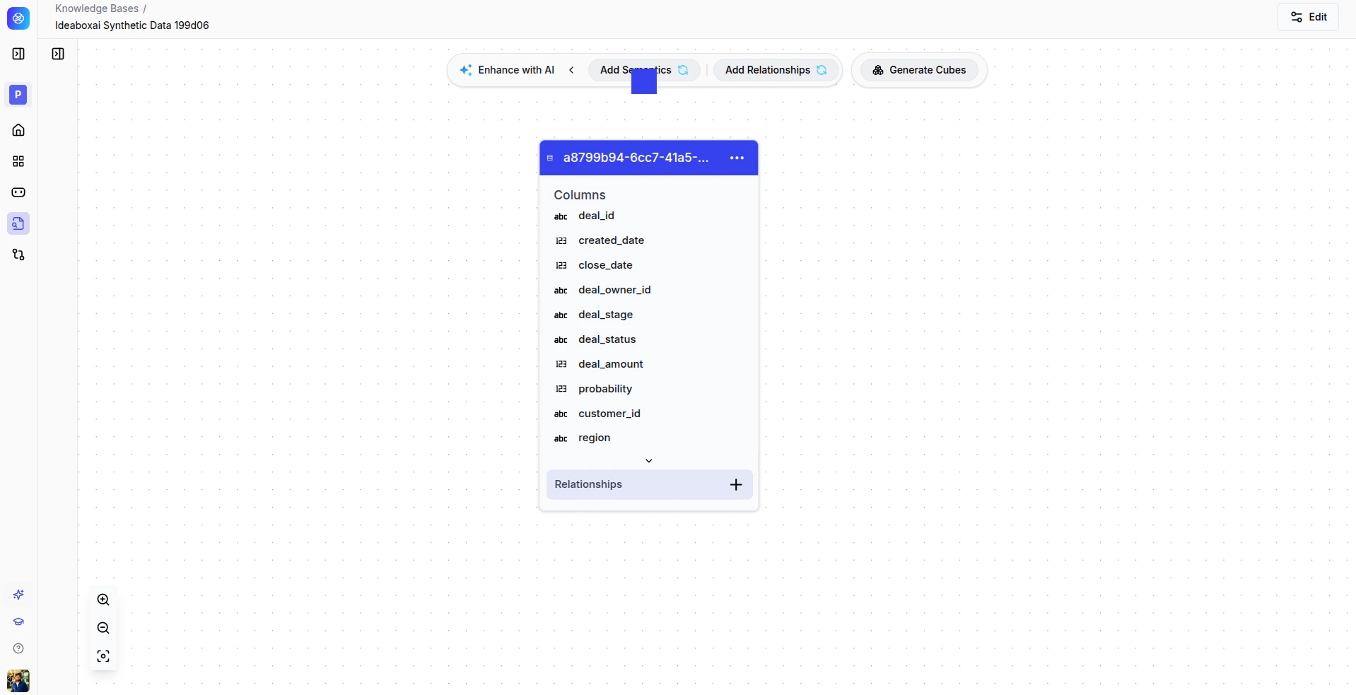 Datasets view showing database tables in the sidebar, table relationships in the main panel, and options to enhance with AI, add semantics, and define relationships.