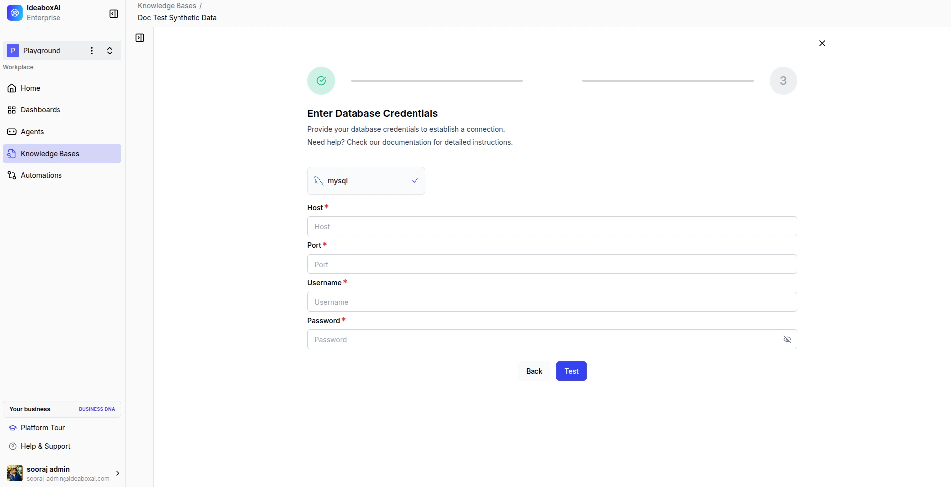 Database credential entry form with fields for Host, Port, Database Name, Username, Password, and SSL Mode, along with connection test and submit buttons.