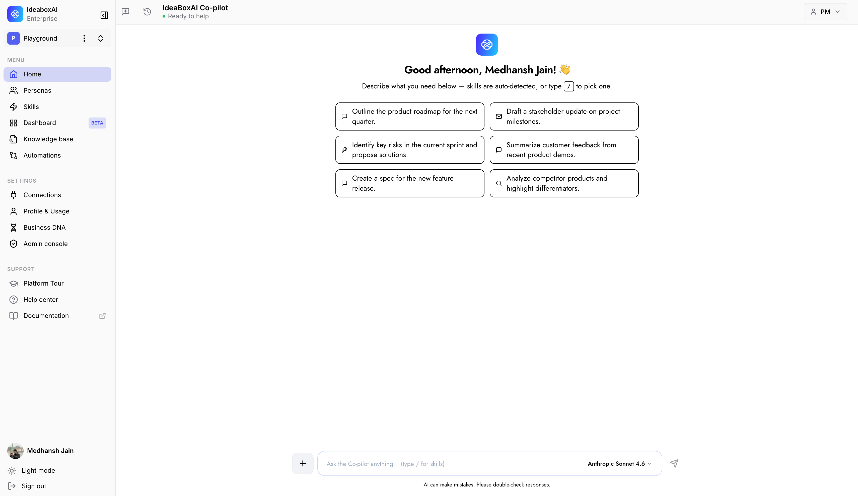 The IdeaBoxAI Co-pilot home screen showing an Account Executive persona with suggested skill prompts