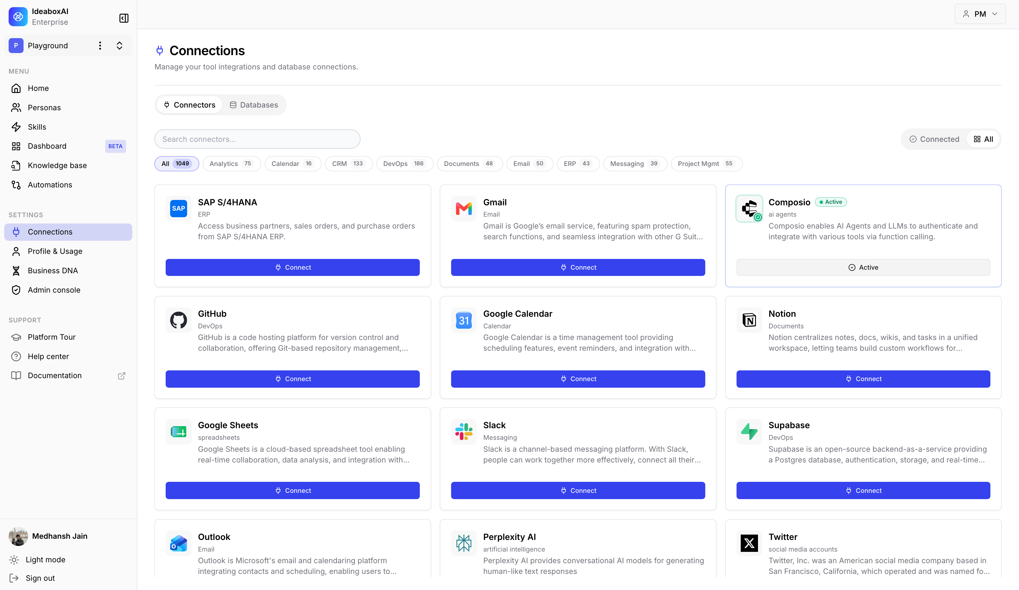 The Connections page showing the Connectors tab with Google Drive, Confluence, Zeenea, and other service integrations