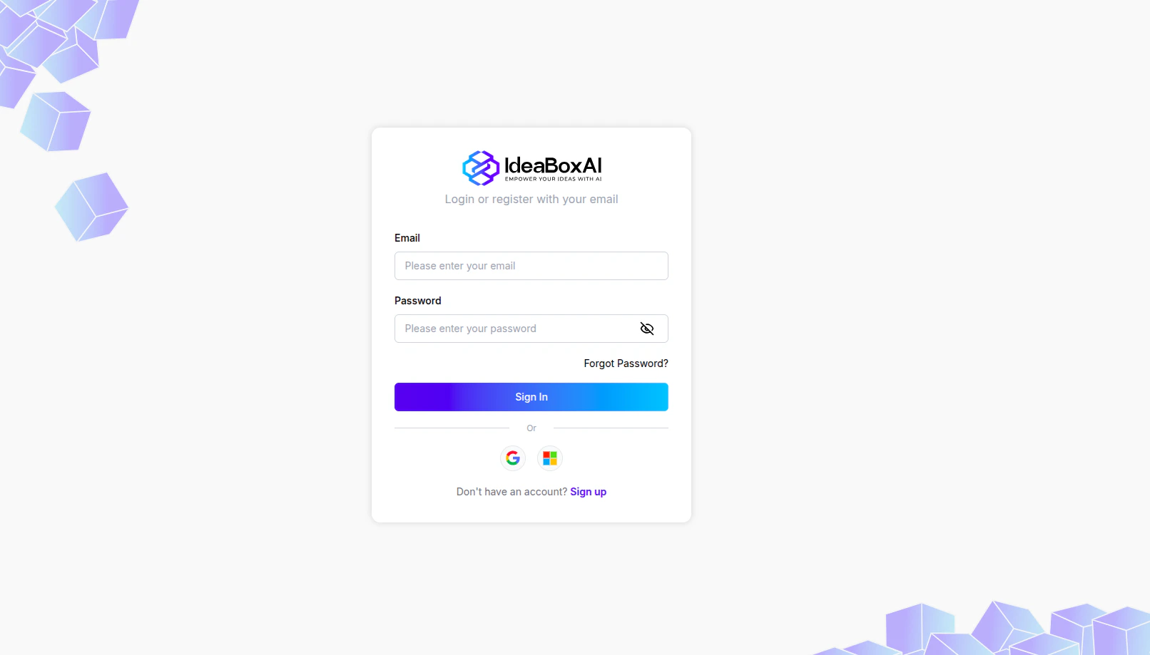IdeaBoxAI login and registration screen showing email and password fields, sign in button, and Google and Microsoft SSO options.