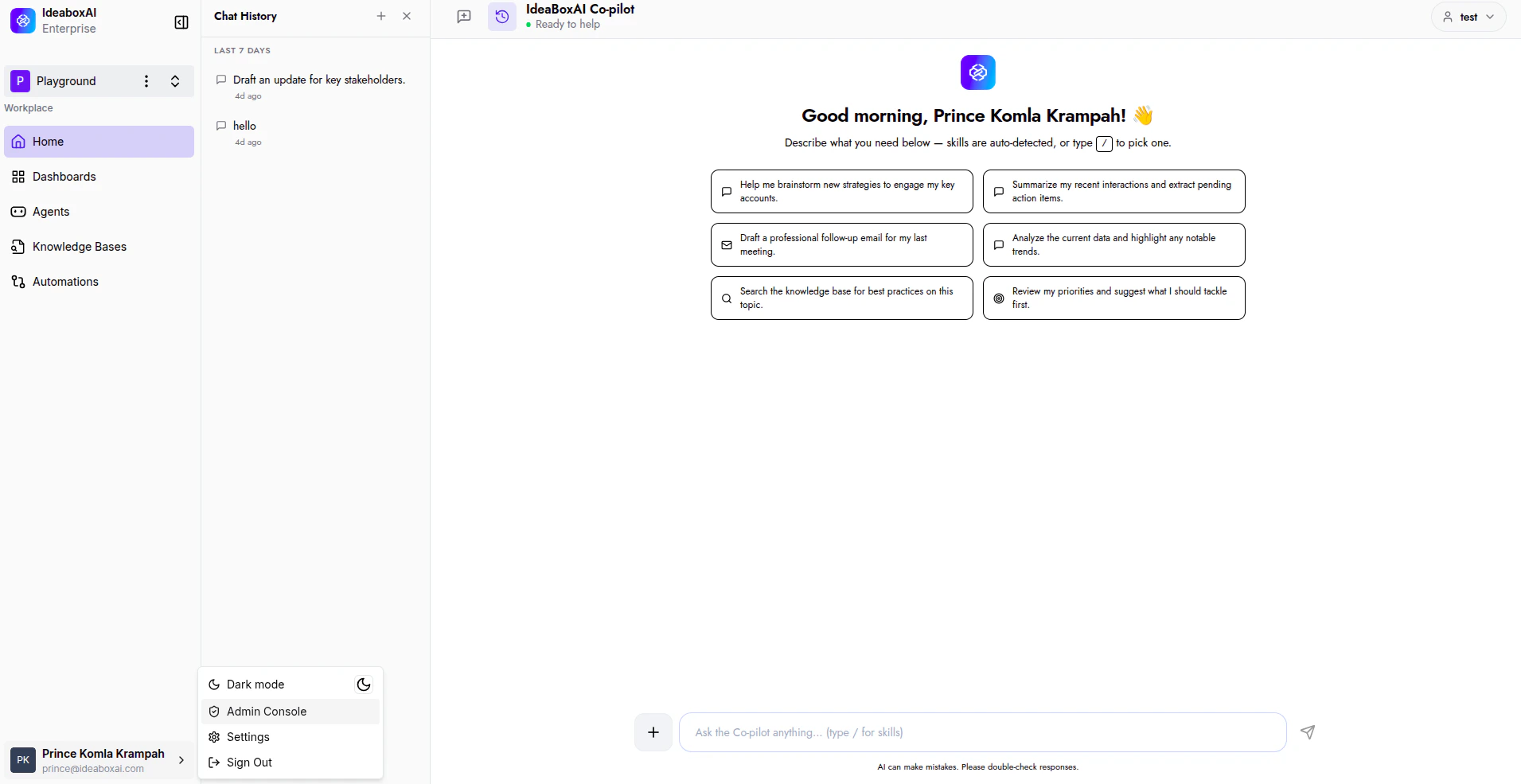 Profile dropdown menu in the bottom-left corner showing Dark mode toggle, Admin Console, Settings, and Sign Out options.