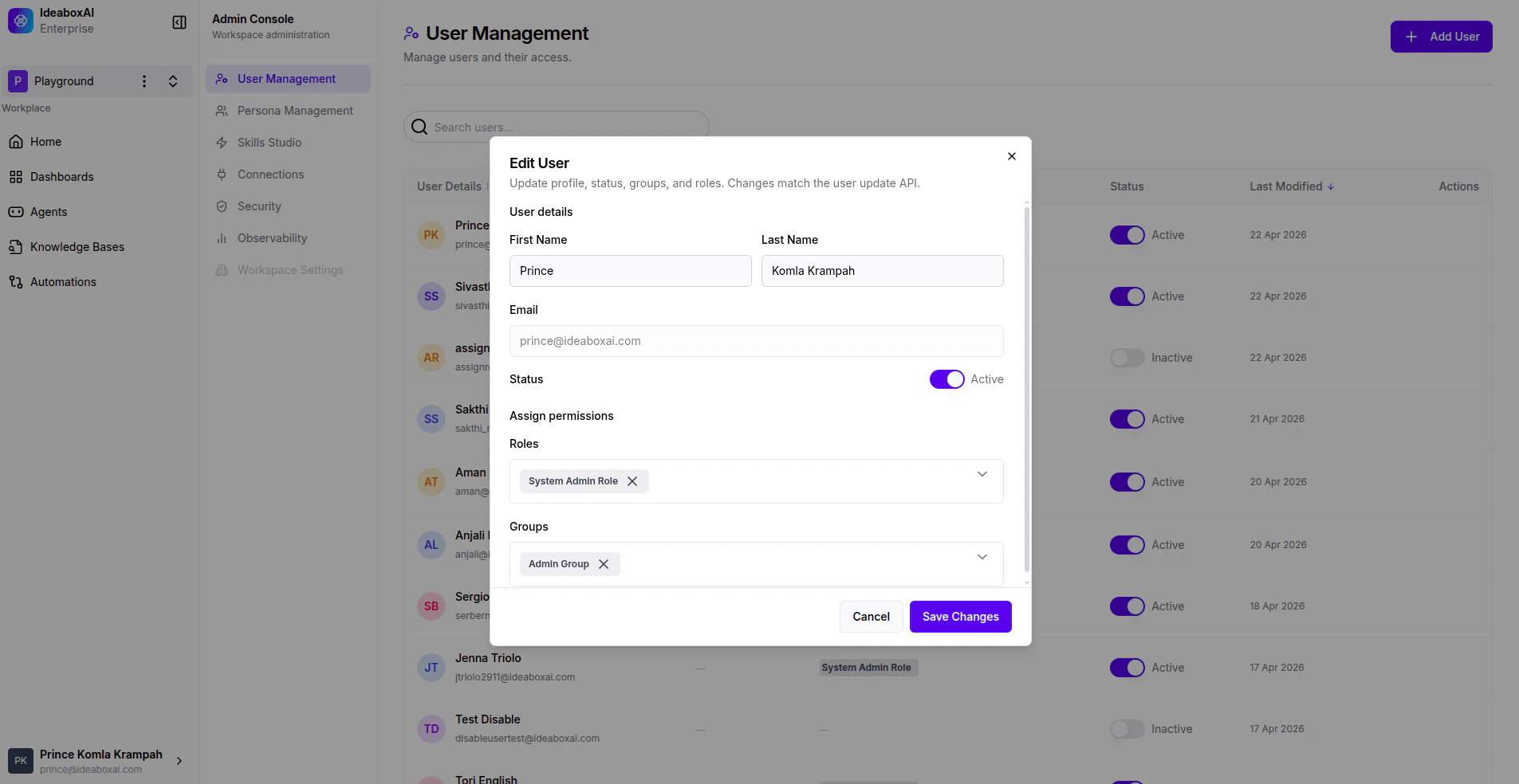 Edit User modal showing fields for First Name, Last Name, Email, Status toggle, and Assign Permissions section with Roles and Groups.