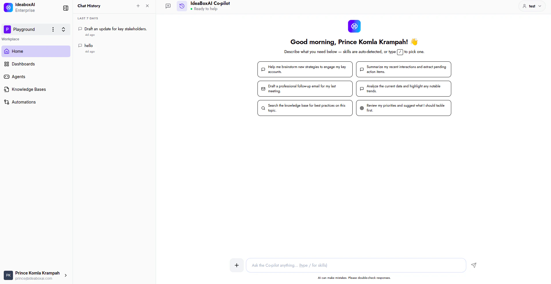 Chat History panel expanded on the left showing past conversations grouped by recency.