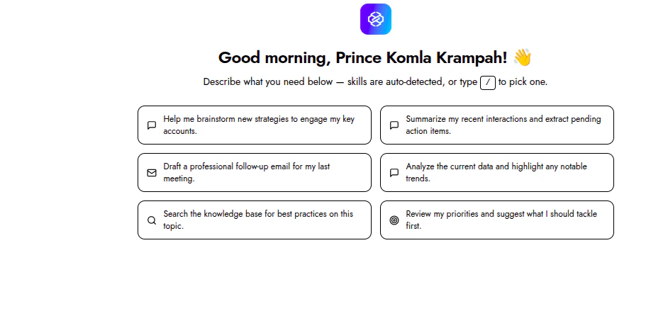 Close-up of the six quick starter prompts in a 2-column grid, each with an icon and a natural language prompt.