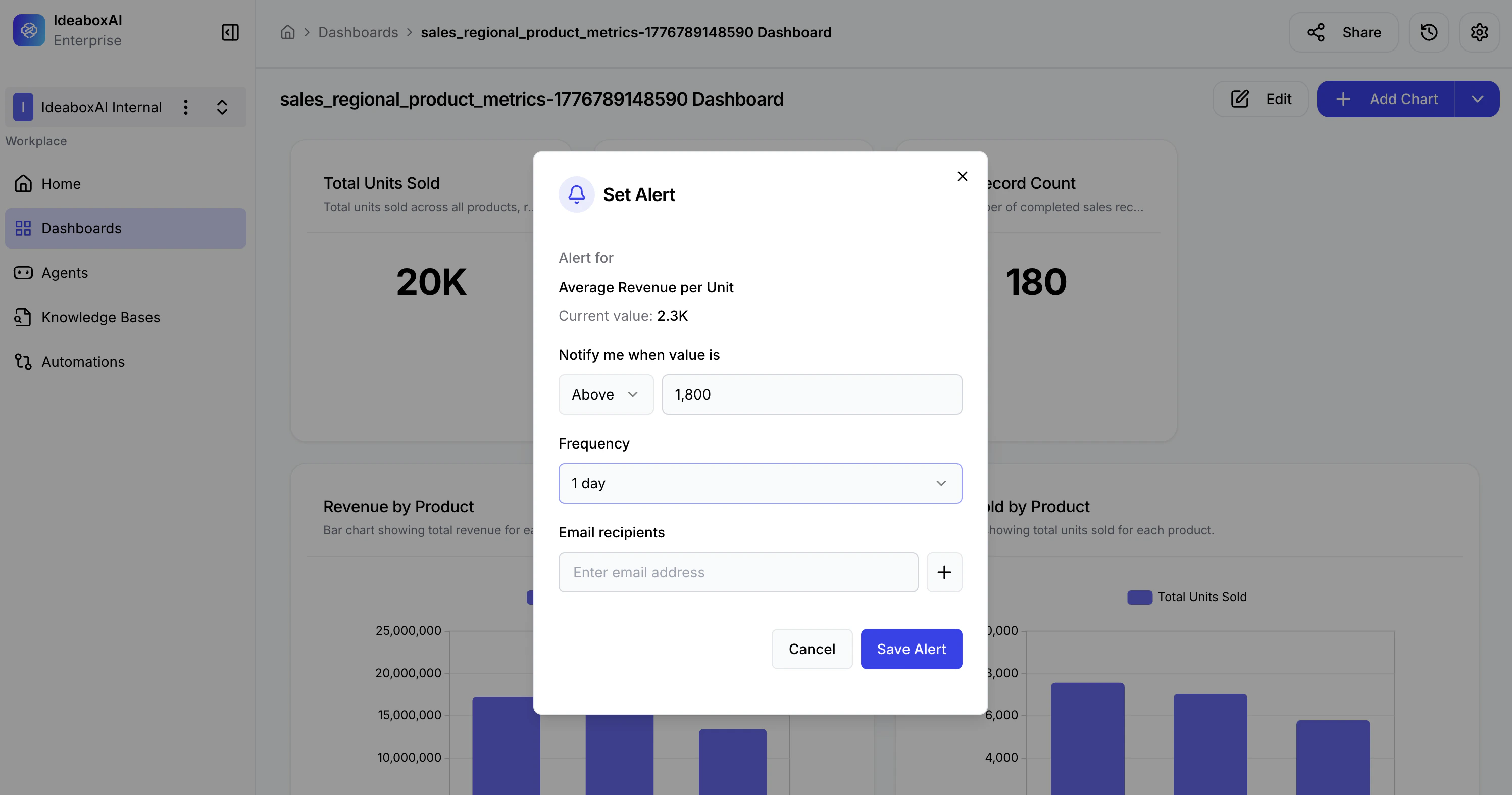 Set Alert modal showing metric selection, threshold configuration, frequency settings, and email recipient options.